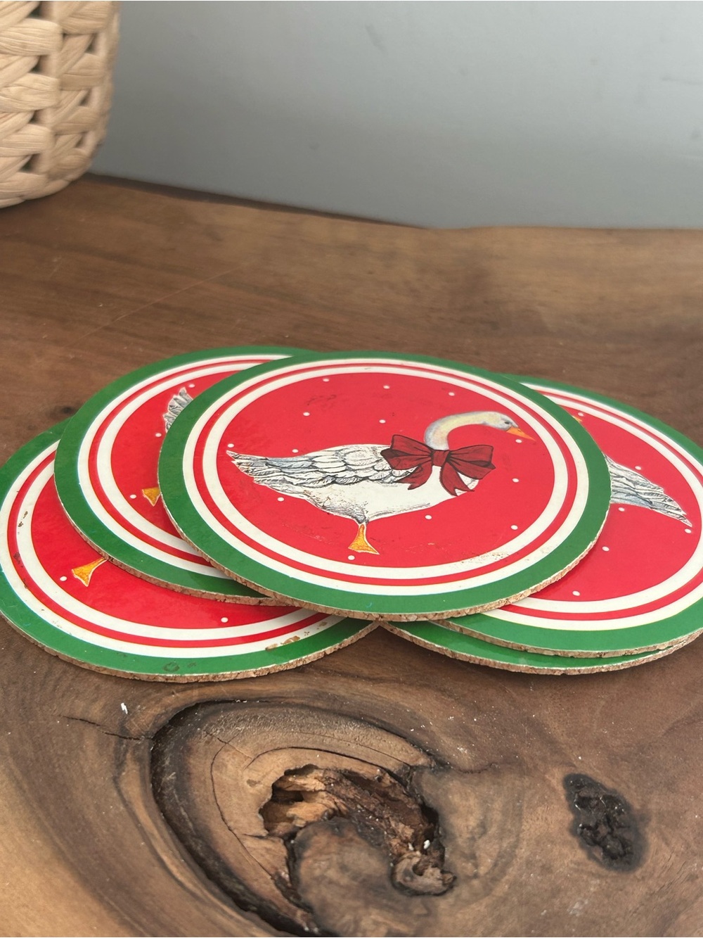 VTG  5 Country Holiday Geese Round Vinyl Coasters Red Bow Farmhouse 90s